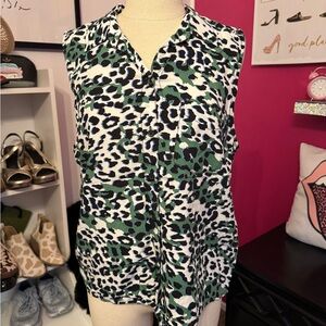 Green and Black Leopard Print Sleeveless Blouse